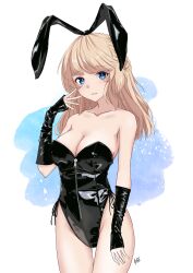 Rule 34 | 1girl, alternate costume, animal ears, bare shoulders, black leotard, blonde hair, braid, breasts, cleavage, collarbone, commentary request, cowboy shot, detached sleeves, fake animal ears, french braid, highres, kantai collection, large breasts, leotard, long hair, looking at viewer, neve (morris-minicooper), playboy bunny, ranger (kancolle), simple background, solo, strapless, strapless leotard, thigh gap, white background, zipper