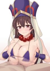 Rule 34 | 1boy, 1girl, absurdres, areola slip, bead necklace, beads, bikini, blush, breasts, breasts squeezed together, brown eyes, brown hair, censored, closed mouth, covered erect nipples, earrings, fate/grand order, fate (series), fingerless gloves, gloves, hat, hetero, highres, hoop earrings, jewelry, large breasts, liu han, looking at viewer, micro bikini, mosaic censoring, motion blur, motion lines, necklace, paizuri, penis, prayer beads, precum, purple bikini, raised eyebrows, swimsuit, variant set, wavy mouth, xuangzang sanzang (fate)