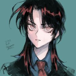 Rule 34 | 1boy, artist name, blue background, brown eyes, brown hair, collared shirt, commentary request, grey shirt, ichijou seiya, kaiji, long hair, looking at viewer, male focus, medium bangs, necktie, parted lips, portrait, red necktie, shirt, signature, simple background, solo, unknown03162, upper body