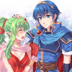 Rule 34 | 1boy, 1girl, awayuki ramika, belt, blue eyes, blue hair, blush, breasts, cape, cleavage, closed eyes, closed mouth, fire emblem, fire emblem: mystery of the emblem, fire emblem awakening, fire emblem heroes, gloves, green hair, hair ribbon, hand on another&#039;s head, long hair, looking to the side, marth (fire emblem), medium breasts, nintendo, open mouth, pointy ears, ponytail, red gloves, ribbon, short hair, short sleeves, smile, tearing up, tiara, tiki (adult) (fire emblem), tiki (fire emblem)