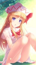 Rule 34 | 1girl, blonde hair, blue eyes, bow, dress, fairy wings, hat, highres, lily white, long hair, looking at viewer, lzh, on ground, open mouth, outdoors, panties, red bow, see-through, sitting, solo, touhou, underwear, white dress, white panties, wings