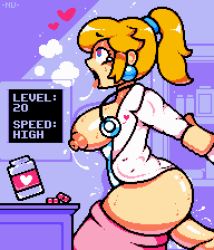 Rule 34 | 1boy, 1girl, arm held back, artist name, blonde hair, blue eyes, bottle, breasts, breasts out, breath, clothed sex, clothes pull, coat, container, desk, doctor, dr. mario (game), dr. mario world, dr. peach, drooling, earrings, english text, erection, eyelashes, flying sweatdrops, from side, hair tie, heart, heart-shaped pupils, heart print, heavy breathing, hetero, high ponytail, indoors, jewelry, lab coat, large breasts, large penis, lips, long sleeves, mario (series), neonvanta, nintendo, nipples, official alternate costume, open clothes, open coat, open mouth, penis, pill, pink coat, pink lips, pink skirt, pixel art, ponytail, princess peach, puffy nipples, sex, sex from behind, shiny skin, shirt, silhouette, skirt, skirt pull, solo focus, standing, standing sex, stethoscope, sweat, symbol-shaped pupils, tearing up, thick thighs, thighs, tongue, tongue out, white shirt
