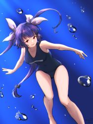 Rule 34 | 1girl, bare arms, bare legs, bare shoulders, barefoot, black one-piece swimsuit, blue hair, breasts, highres, i-19 (kancolle), kantai collection, large breasts, long hair, name tag, one-piece swimsuit, open mouth, red eyes, school swimsuit, solo, swimsuit, tri tails, umibudou, underwater, very long hair