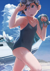Rule 34 | 1girl, bare shoulders, black eyes, black hair, blue one-piece swimsuit, boat, breasts, cloud, collarbone, commentary request, competition school swimsuit, covered navel, cumulonimbus cloud, day, goggles, goggles on head, highres, inami hatoko, ocean, one-piece swimsuit, open mouth, original, outdoors, school swimsuit, short hair, sky, small breasts, solo, swimsuit, towel, watercraft, wet