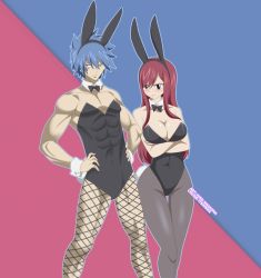 Rule 34 | 1boy, 1girl, animal ears, blue eyes, blue hair, bow, bowtie, breasts, brown eyes, covered navel, crossed arms, detached collar, erza scarlet, facial tattoo, fairy tail, fake animal ears, fake tail, fishnet pantyhose, fishnets, hair between eyes, hands on own hips, headband, highres, itshikka, jelal fernandesimp, jellal fernandes, large breasts, leotard, long hair, looking at another, looking at viewer, pantyhose, playboy bunny, rabbit ears, rabbit tail, red hair, simple background, strapless, strapless leotard, sweatdrop, tail, tattoo, white background, wrist cuffs