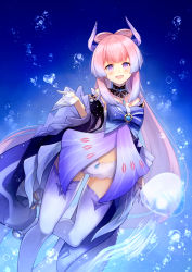 Rule 34 | 1girl, :d, bare shoulders, blunt bangs, bow, choker, commentary, detached sleeves, english commentary, genshin impact, gloves, gradient hair, hair ornament, highres, jellyfish, long hair, long sleeves, looking at viewer, low twintails, midriff, multicolored hair, navel, nontraditional miko, open mouth, pink hair, purple eyes, rizihike, sangonomiya kokomi, short shorts, shorts, sidelocks, smile, thighhighs, twintails, underwater, vision (genshin impact), white gloves, wide sleeves, zettai ryouiki