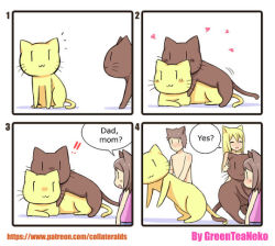 Rule 34 | 1boy, 2girls, 4koma, animal ears, blonde hair, brown hair, cat, character request, child, comic, dry humping, frottage, greenteaneko, hetero, humor, humping, multiple girls, sequential, text focus