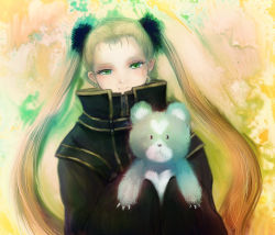 Rule 34 | 1girl, abstract background, aoki hagane no arpeggio, black coat, blonde hair, claws, closed mouth, coat, eyelashes, fur-trimmed hair tie, fur trim, gold trim, green eyes, haruna (aoki hagane no arpeggio), high collar, holding, holding stuffed toy, katari, long hair, looking at viewer, ringlets, sleeves past wrists, smile, stuffed animal, stuffed toy, teddy bear, twintails, very long hair, yotarou (aoki hagane no arpeggio), zipper
