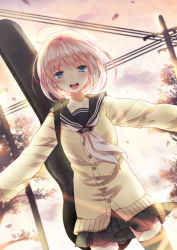 Rule 34 | 1girl, blonde hair, blue eyes, blush, cardigan, domotolain, eyelashes, guitar case, instrument case, kagamine rin, lens flare, looking at viewer, open mouth, outstretched arms, power lines, school uniform, short hair, solo, spread arms, sunset, sweater, thighhighs, vocaloid