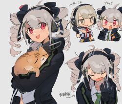 Rule 34 | 2girls, animal, black gloves, blush stickers, cat, chesed (uporyz), chibi, commentary, drill hair, girls&#039; frontline, gloves, green necktie, grey background, grey hair, hair between eyes, hairband, headset, highres, holding, holding animal, holding cat, jacket, looking at viewer, multiple girls, multiple views, necktie, open mouth, orange cat, pp-90 (girls&#039; frontline), red eyes, simple background, smile, translation request, upper body, vector (girls&#039; frontline)