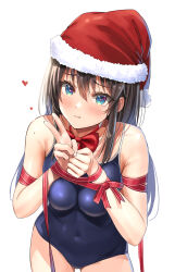 Rule 34 | 1girl, black hair, blue eyes, blush, bow, bowtie, christmas, covered navel, fur-trimmed headwear, fur trim, hat, heart, highres, light smile, long hair, looking at viewer, one-piece swimsuit, original, ribbon, santa hat, school swimsuit, simple background, solo, swimsuit, v, white background, yukemuriganmo