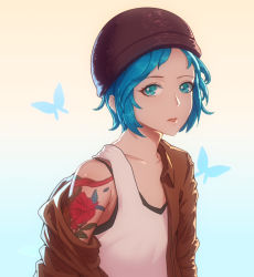 Rule 34 | 1girl, arm tattoo, beanie, blue eyes, blue hair, brown jacket, bug, butterfly, chloe price, hat, bug, jacket, kokoala, life is strange, looking at viewer, off shoulder, open clothes, open jacket, parted lips, short hair, solo, tank top, tattoo, upper body