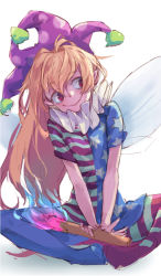 Rule 34 | 1girl, american flag dress, american flag legwear, blonde hair, clownpiece, collar, fairy wings, frilled collar, frilled shirt collar, frills, hat, indian style, jester cap, long hair, neck ruff, pantyhose, pointy ears, polka dot, red eyes, shirt, short sleeves, simple background, sitting, sketch, smile, solo, star (symbol), striped, torch, touhou, very long hair, white background, wings, zeni