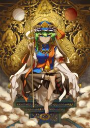 Rule 34 | 1girl, anklet, aoiueo12, asymmetrical hair, bangle, barefoot, black skirt, blue eyes, blue hat, blue vest, bracelet, breasts, buttons, earrings, embellished costume, full body, gold trim, green hair, hair between eyes, half-closed eyes, hat, highres, holding, holding staff, jewelry, light smile, medium breasts, pinky out, ribbon, shiki eiki, sitting, skirt, sleeves past elbows, solo, staff, straight-on, toes, touhou, vest, wide sleeves