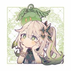 Rule 34 | 1girl, anetu u107, blush, border, bracelet, closed mouth, commentary request, cross-shaped pupils, detached sleeves, dress, elbow rest, expressionless, eyelashes, genshin impact, gold trim, gradient hair, green dress, green eyes, green hair, green sleeves, hair between eyes, hair ornament, hands up, head rest, jewelry, leaf hair ornament, long hair, multicolored hair, nahida (genshin impact), on head, outside border, pointy ears, short sleeves, side ponytail, sidelocks, simple background, sleeveless, sleeveless dress, slime (genshin impact), solo, streaked hair, symbol-shaped pupils, white background, white border, white dress, white hair