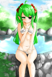 Rule 34 | 1girl, ahoge, arm between breasts, black sclera, blush, blush stickers, bow, breasts, chest sarashi, cloud, cloudy sky, collarbone, colored sclera, dripping, elf, embarrassed, feet out of frame, female focus, green eyes, green hair, hair bow, hair ornament, hairclip, heterochromia, highres, knees together feet apart, looking down, medium breasts, midriff, nature, navel, original, panties, partially visible vulva, pointy ears, pond, red bow, rock, sarashi, sidelocks, sitting, sky, solo, swept bangs, thighs, tree, twintails, underwear, underwear only, uziuzi, wet, white panties