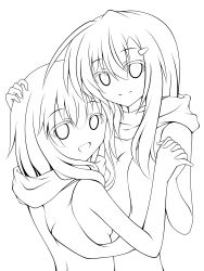 Rule 34 | 2girls, absurdres, greyscale, highres, interlocked fingers, lethe-shion, lineart, long hair, looking at viewer, monochrome, multiple girls, original, smile, transparent background