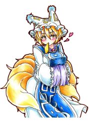 Rule 34 | 1girl, absurdres, aburaage, blonde hair, blush, breasts, female focus, food, fox tail, goku (acoloredpencil), gokuu (acoloredpencil), hands in opposite sleeves, hat, heart, highres, long sleeves, mouth hold, multiple tails, short hair, slit pupils, solo, tabard, tail, touhou, traditional media, tsurime, wide sleeves, yakumo ran, yellow eyes