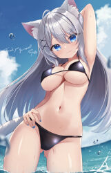 Rule 34 | 1girl, ahoge, animal ear fluff, animal ears, arm behind head, bikini, black bikini, blue eyes, blush, breasts, cat ears, cat girl, cat tail, commentary request, commission, double-parted bangs, grey hair, hand on own hip, highres, large breasts, long bangs, long hair, looking at viewer, nail polish, original, sese nagi, skeb commission, solo, swimsuit, tail, translation request, underboob, wavy mouth