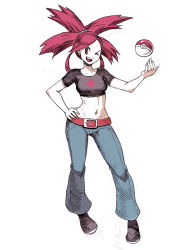 Rule 34 | 00s, 1girl, ;d, belt, creatures (company), crop top, denim, flannery (pokemon), full body, game freak, genzoman, gym leader, hair ornament, hand on own hip, jeans, looking at viewer, midriff, navel, nintendo, one eye closed, open mouth, pants, poke ball, pokemon, pokemon rse, red eyes, red hair, shirt, simple background, sketch, smile, solo, standing, stomach, t-shirt, white background