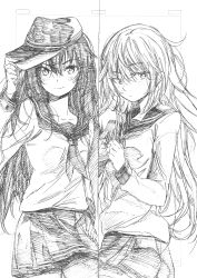 Rule 34 | 2girls, absurdres, akatsuki (kancolle), anchor symbol, black hair, blush, closed mouth, collarbone, cowboy shot, expressionless, flat cap, greyscale, hair between eyes, hand on headwear, hand on own hip, hat, unworn hat, unworn headwear, hibiki (kancolle), highres, holding, holding clothes, holding hat, jitome, kantai collection, kojima takeshi, long hair, long sleeves, looking at viewer, monochrome, multiple girls, neckerchief, pleated skirt, sailor collar, school uniform, serafuku, sidelocks, skirt, smile, standing, very long hair