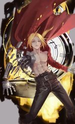 Rule 34 | 1boy, absurdres, ana bi, belt, belt buckle, black pants, blonde hair, broken, buckle, clock, coat, commentary request, edward elric, feet out of frame, floating hair, fullmetal alchemist, gloves, highres, long hair, male focus, mechanical arms, open mouth, pants, ponytail, red coat, scar, single glove, single mechanical arm, solo, toned, toned male, topless male, torn clothes, white gloves, yellow eyes