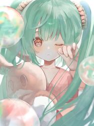 Rule 34 | 1girl, aqua hair, artist name, blunt bangs, bow, bubble, collarbone, commentary request, cowlick, ear bow, ear ornament, flat chest, hair between eyes, hair ornament, hair tie, hatsune miku, highres, japanese clothes, kimono, light blush, lol -lots of laugh- (vocaloid), long hair, long sleeves, looking at viewer, one eye closed, partial commentary, pink kimono, red eyes, revision, rubbing eyes, signature, solid oval eyes, solo, straight-on, stuffed animal, stuffed rabbit, stuffed toy, twintails, upper body, vocaloid, yuta 2341