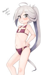 Rule 34 | 1girl, absurdres, ahoge, aqua bow, asashimo (kancolle), bikini, bow, dated, feet out of frame, flat chest, florida bikini, grey eyes, grey hair, highres, kantai collection, looking at viewer, maru (marg0613), one-hour drawing challenge, ponytail, purple bikini, solo, standing, swimsuit