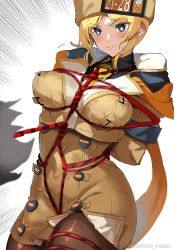Rule 34 | 1girl, arm scarf, arms behind back, ashiomi masato, bdsm, blonde hair, blue eyes, blush, bondage, bound, breasts, breasts squeezed together, brown coat, buttons, clenched teeth, coat, fur hat, guilty gear, guilty gear strive, hat, highres, large breasts, leggings, millia rage, rope, shibari, simple background, solo, sweatdrop, teeth, twitter username, ushanka, white background