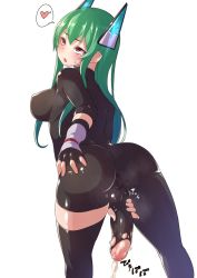 Rule 34 | 1girl, ass, ass grab, blush, bodysuit, breasts, combat s-ko, cum, ejaculation, fingerless gloves, full-package futanari, futanari, gloves, grabbing own ass, green hair, hair ornament, highres, long hair, open mouth, penis, pussy juice, red eyes, simple background, solo, sweat, testicles, torn bodysuit, torn clothes, uncensored