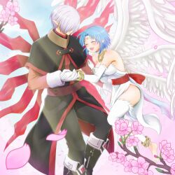 Rule 34 | 1boy, 1girl, bare shoulders, blue hair, breasts, dress, elbow gloves, facial mark, feathered wings, feet out of frame, filia (star ocean), forehead jewel, forehead mark, gloves, halo, jewelry, lucifer (star ocean), medium breasts, medium hair, open mouth, pointy ears, red eyes, short hair, smile, star ocean, star ocean the second story, thighhighs, tomonaga, wings