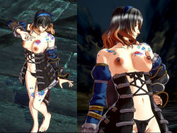 Rule 34 | 1girl, 3d, barefoot, black hair, black panties, bloodstained: ritual of the night, bloodstained (series), blue hairband, body markings, breast tattoo, breasts, breasts out, brown hair, e10, feet, gradient hair, hairband, leg tattoo, miriam (bloodstained), multicolored hair, nipples, panties, tattoo, toes, underwear