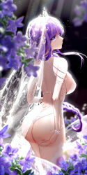 Rule 34 | 1girl, absurdres, alternate costume, armlet, ass, backless leotard, backless outfit, black background, blurry, bracelet, braid, breasts, bridal veil, bride, closed mouth, depth of field, floating hair, flower, from behind, genshin impact, hand on own ass, highres, jewelry, large breasts, leaf, leotard, light particles, lily (flower), long hair, looking at viewer, looking back, low-braided long hair, low-tied long hair, meisansan, purple eyes, purple flower, purple hair, raiden shogun, see-through, sideboob, single braid, smile, solo, thighs, tiara, veil, white leotard
