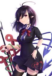 Rule 34 | 1girl, absurdres, ahoge, asymmetrical wings, black dress, black hair, black thighhighs, blue nails, blue wings, bow, bowtie, breasts, center frills, closed mouth, commentary request, cowboy shot, dress, earrings, fang, frills, highres, houjuu nue, jewelry, looking at viewer, medium breasts, medium hair, one eye closed, pointy ears, polearm, red bow, red bowtie, red eyes, red wings, seiya (iiseven), short sleeves, simple background, snake armband, solo, thighhighs, touhou, trident, weapon, white background, wings, wristband