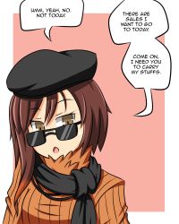 Rule 34 | 1girl, beret, black scarf, brown eyes, brown hair, coco adel, english text, hat, highres, looking over eyewear, lunarisaileron, multicolored hair, no nose, open mouth, orange shirt, outside border, red background, rejection, rwby, scarf, shirt, simple background, solo, speech bubble, sunglasses, sweater