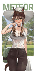 Rule 34 | 1girl, :d, absurdres, alternate costume, animal ears, arknights, arm up, bag, bare shoulders, bikini, bikini under clothes, black bikini, blush, breasts, brown hair, brown pants, character name, cleavage, collarbone, cowboy shot, doodle punch, ears through headwear, green eyes, hat, highres, horse ears, hot, large breasts, long hair, looking at viewer, meteor (arknights), multicolored hair, open mouth, pants, photo background, see-through, short hair with long locks, shoulder bag, sidelocks, smile, solo, streaked hair, sun hat, sweat, swimsuit, thigh gap, two-tone hair, white hair, white hat