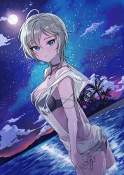 Rule 34 | absurdres, ahoge, anastasia (idolmaster), armlet, arms at sides, bikini, black bikini, blue eyes, breasts, cleavage, cloud, cowboy shot, facing to the side, hair between eyes, hand on thigh, highres, hood, hoodie, idolmaster, idolmaster cinderella girls, in water, jewelry, looking at viewer, medium breasts, moon, mountain, necklace, night, night sky, palm tree, see-through, short hair, side-tie bikini bottom, sidelocks, silver hair, sky, sleeveless, sleeveless hoodie, star (sky), starry sky, sunset, swimsuit, tree, ushimochi, wading, water, wet