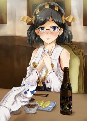 Rule 34 | 10s, 1girl, admiral (kancolle), black hair, blue eyes, blush, bottle, cup, detached sleeves, food, glasses, gloves, hairband, japanese clothes, kanata ryou, kantai collection, kirishima (kancolle), looking at viewer, nontraditional miko, pov across table, semi-rimless eyewear, short hair, smile, solo focus, table, under-rim eyewear, white gloves