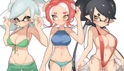 Rule 34 | + +, 3girls, agent 8 (splatoon), bare shoulders, bikini, bikini shorts, black hair, blue bikini, blush, breasts, brown eyes, callie (splatoon), cleavage, closed mouth, cousins, cowboy shot, earrings, flower, front-tie bikini top, front-tie top, gluteal fold, green bikini, green hair, grey hair, groin, hair flower, hair ornament, hand in own hair, hand on own ear, highres, inkling, jewelry, large breasts, light blush, light frown, long hair, looking at viewer, looking away, lowleg, lowleg bikini, lowleg shorts, makeup, marie (splatoon), mascara, mask, medium hair, midriff, mismatched bikini, mole, mole under eye, multiple girls, navel, nintendo, octoling, octoling girl, octoling player character, one-piece swimsuit, pointy ears, red hair, red one-piece swimsuit, red slingshot swimsuit, shorts, side-tie bikini bottom, side-tie swimsuit, simple background, slingshot swimsuit, smile, standing, stomach, suction cups, sukeo (nunswa08), sweatdrop, swept bangs, swimsuit, tentacle hair, thigh gap, untying, very long hair, white background