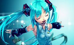 Rule 34 | 1girl, aqua hair, detached sleeves, closed eyes, hatsune miku, headset, long hair, maitake (loose), music, necktie, open mouth, outstretched arms, revision, singing, solo, spread arms, twintails, very long hair, vocaloid
