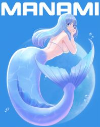Rule 34 | 1girl, absurdres, air bubble, ass, bikini, bikini top only, blue background, blue eyes, blue hair, bubble, character name, commentary request, from behind, full body, highres, kiria021, long hair, looking at viewer, looking back, mermaid, monster girl, original, simple background, swimsuit, white bikini