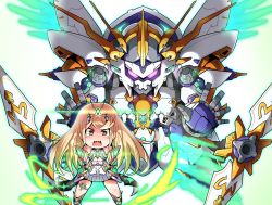 Rule 34 | 1girl, bare legs, bare shoulders, blonde hair, breasts, chest jewel, chibi, cleavage, cleavage cutout, clothing cutout, dress, earrings, elbow gloves, fukkatsu saisei kaijin, gloves, highres, jewelry, large breasts, long hair, mythra (xenoblade), short dress, siren (xenoblade), swept bangs, thigh strap, tiara, very long hair, white dress, white footwear, white gloves, xenoblade chronicles (series), xenoblade chronicles 2, yellow eyes