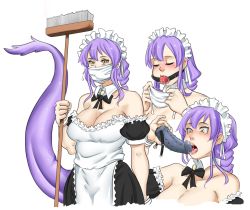 Rule 34 | 1girl, apron, ball gag, breasts, broom, dildo gag, dragon girl, closed eyes, gag, large breasts, long tail, maid, maid apron, maid headdress, mask, open mouth, original, source request, tail