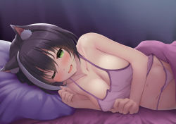 Rule 34 | 1girl, ;d, absurdres, animal ear fluff, animal ears, ashfair, bare arms, bare shoulders, bed sheet, black hair, blanket, breasts, camisole, cat ears, cleavage, green eyes, highres, karyl (princess connect!), large breasts, looking at viewer, lying, multicolored hair, on bed, on side, one eye closed, open mouth, panties, pillow, princess connect!, purple panties, short hair, smile, solo, streaked hair, two-tone hair, underwear, white hair