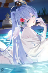 1boy 1girl absurdres alternate_costume aqua_eyes bare_shoulders beach_chair beach_umbrella bikini blue_hair breasts commentary flower frilled_bikini frills hair_flower hair_intakes hair_ornament halo head_wings highres honkai:_star_rail honkai_(series) jewel_under_eye large_breasts light_blue_hair long_hair looking_at_viewer nail_polish open_mouth partially_submerged ponytail pool purple_nails red_flower robin_(honkai:_star_rail) sazanami_(re_n_rentaro) see-through see-through_shirt shirt smile solo_focus sunday_(honkai:_star_rail) swimsuit umbrella very_long_hair wet white_bikini white_shirt wings