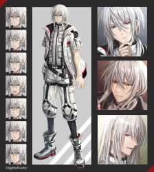 Rule 34 | 1boy, artist name, black legwear, boots, clenched teeth, closed eyes, closed mouth, commission, expressions, grey hair, hagino kouta, hair between eyes, hand on own hip, jacket, long hair, male focus, multiple views, open clothes, open jacket, open mouth, original, pants, parted lips, red eyes, ribbed legwear, short sleeves, skeb commission, smile, socks, sweat, teeth, v-shaped eyebrows, white footwear, white jacket, white pants