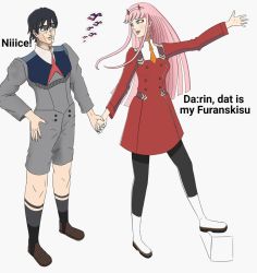 Rule 34 | 10s, 1boy, 1girl, black hair, black pantyhose, blue eyes, boots, breasts, brown footwear, couple, darling in the franxx, fringe trim, green eyes, hair ornament, hairband, hetero, hiro (darling in the franxx), holding hands, horns, long hair, long sleeves, looking at another, looking back, mgk2839, military, military uniform, necktie, oni horns, orange neckwear, pantyhose, pink hair, red horns, red neckwear, shoes, short hair, socks, uniform, white footwear, white hairband, zero two (darling in the franxx)