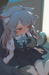 Rule 34 | 1boy, 1girl, aged down, alley, animal ear fluff, animal ears, aqua bow, aqua bowtie, aqua nails, aqua skirt, black vest, blush, bow, bowtie, breasts, buttons, cat ears, cat girl, cat tail, child, closed mouth, double-breasted, ears down, genshin impact, grabbing, grabbing another&#039;s breast, grabbing from behind, grey hair, hand on another&#039;s thigh, heart, highres, imminent rape, juliet sleeves, long hair, long sleeves, looking down, lynette (genshin impact), pale skin, puffy sleeves, purple eyes, shirt, skirt, small breasts, tail, vest, villainchin, white shirt