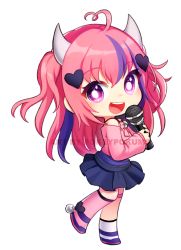 Rule 34 | 1girl, black skirt, chibi, commission, holding, holding microphone, horns, ironmouse, ironmouse (1st costume), microphone, open mouth, pink hair, pokey, purple eyes, skirt, solo, two side up, virtual youtuber, vshojo, watermark, white background