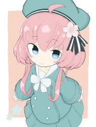Rule 34 | 1girl, absurdres, ahoge, aqua hat, aqua jacket, aqua skirt, beret, blue eyes, bow, brown background, closed mouth, commentary request, copyright request, flower, hair flower, hair ornament, hat, highres, jacket, long hair, long sleeves, looking at viewer, pink hair, pleated skirt, puffy long sleeves, puffy sleeves, rururu (pyrk8855), sailor collar, sidelocks, skirt, sleeves past wrists, smile, solo, star (symbol), two-tone background, virtual youtuber, white background, white bow, white flower, white sailor collar